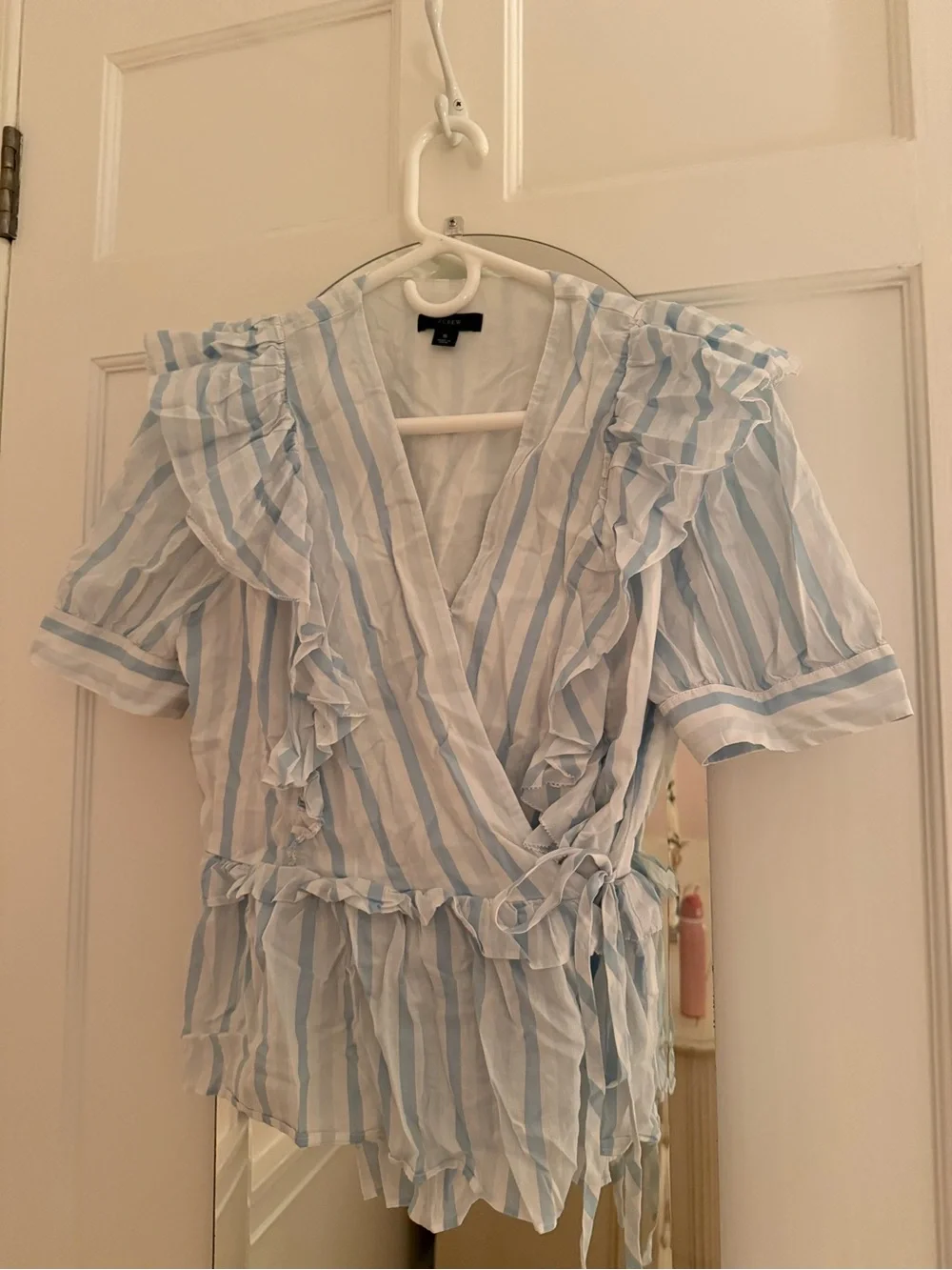J. Crew Light Blue & White Striped Ruffle Wrap Top